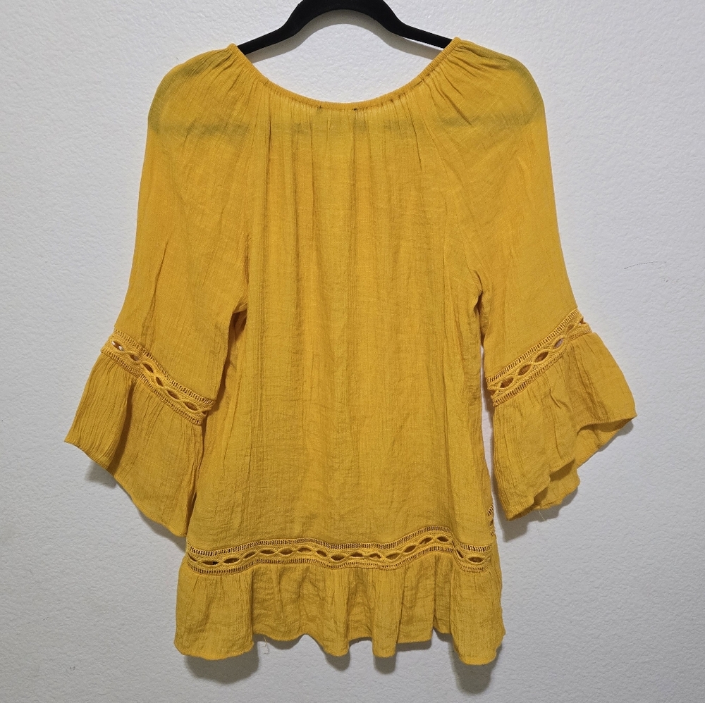 ​Zac & Rachel Mustard Yellow Boho Bell Sleeve Blouse Crochet Lace Trim Medium - Picture 2 of 13